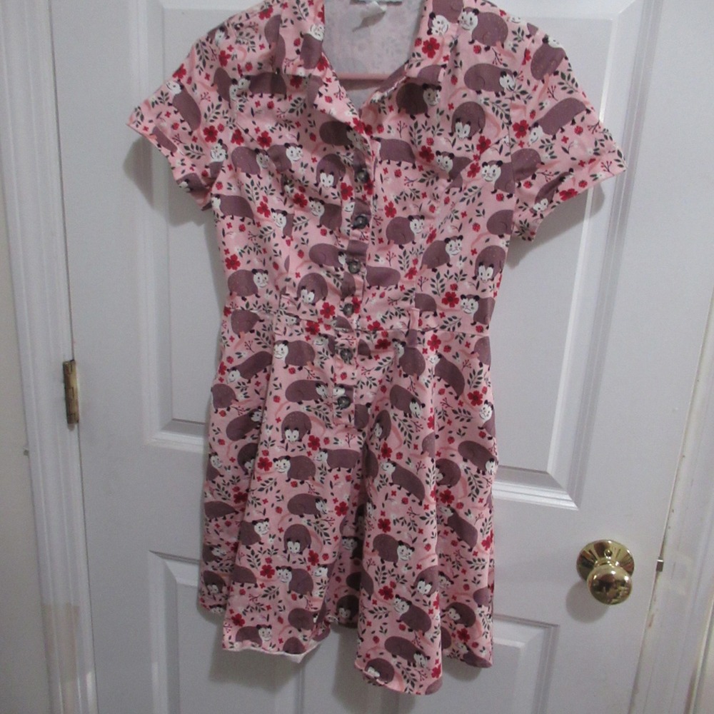 Eva Rose Opossum Strawberry Dress large Pink Retro fit flare rockabilly
